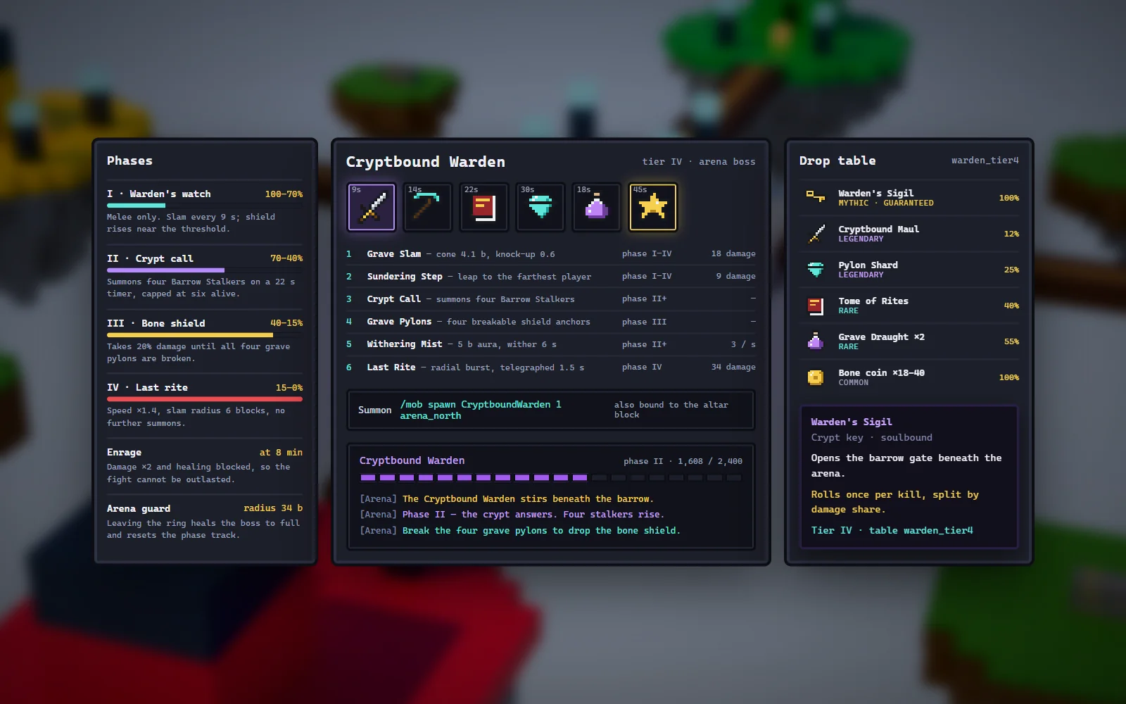 Summon and loot configuration showing skills, phases and drop tiers in a Minecraft menu skin