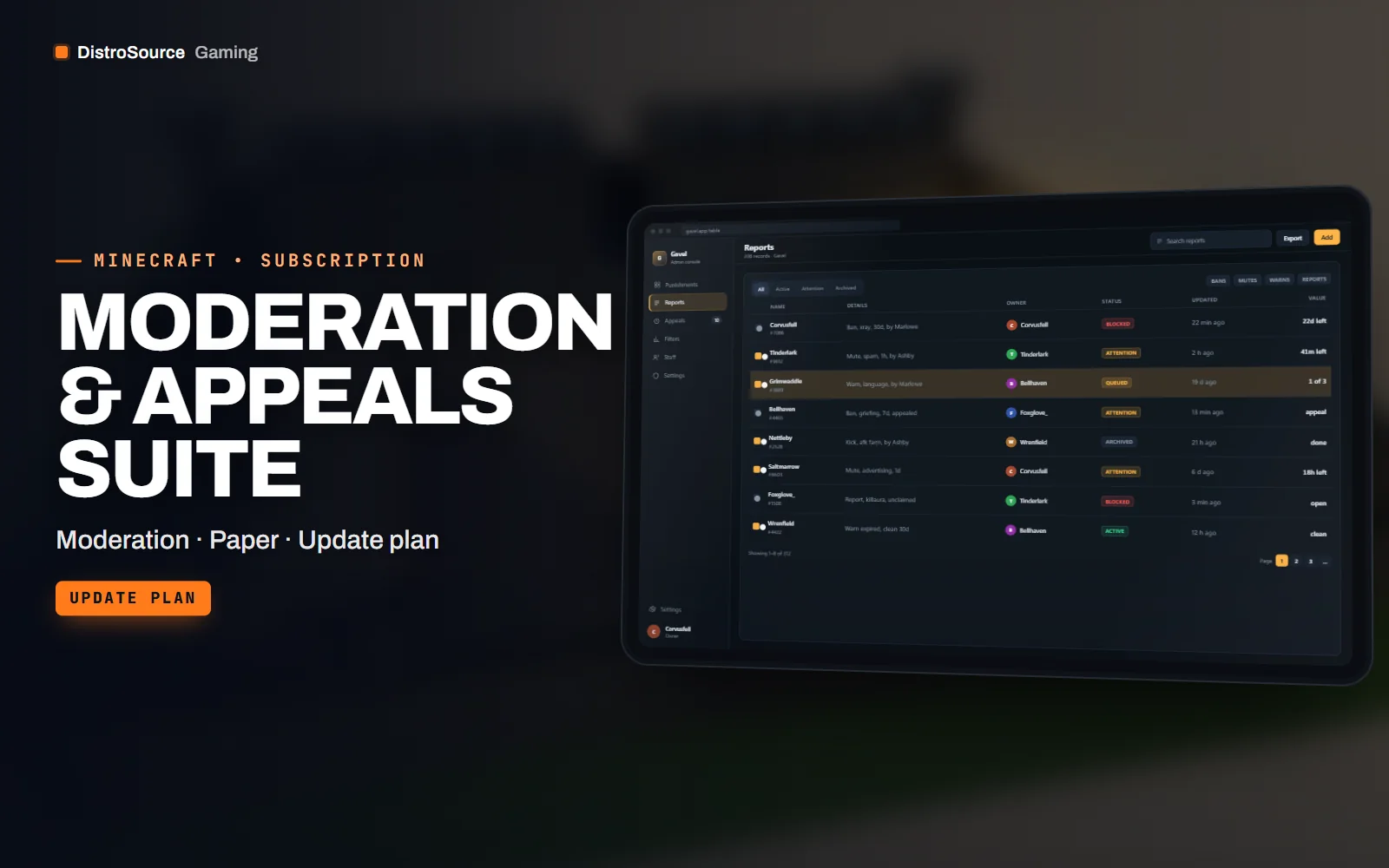 Punishment table listing player names, action type, reason template, duration, issuing staff member and status with filters along the top