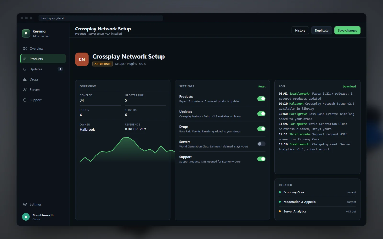 Detail page for the crossplay network setup showing its changelog, download files, network settings and a log of updates collected