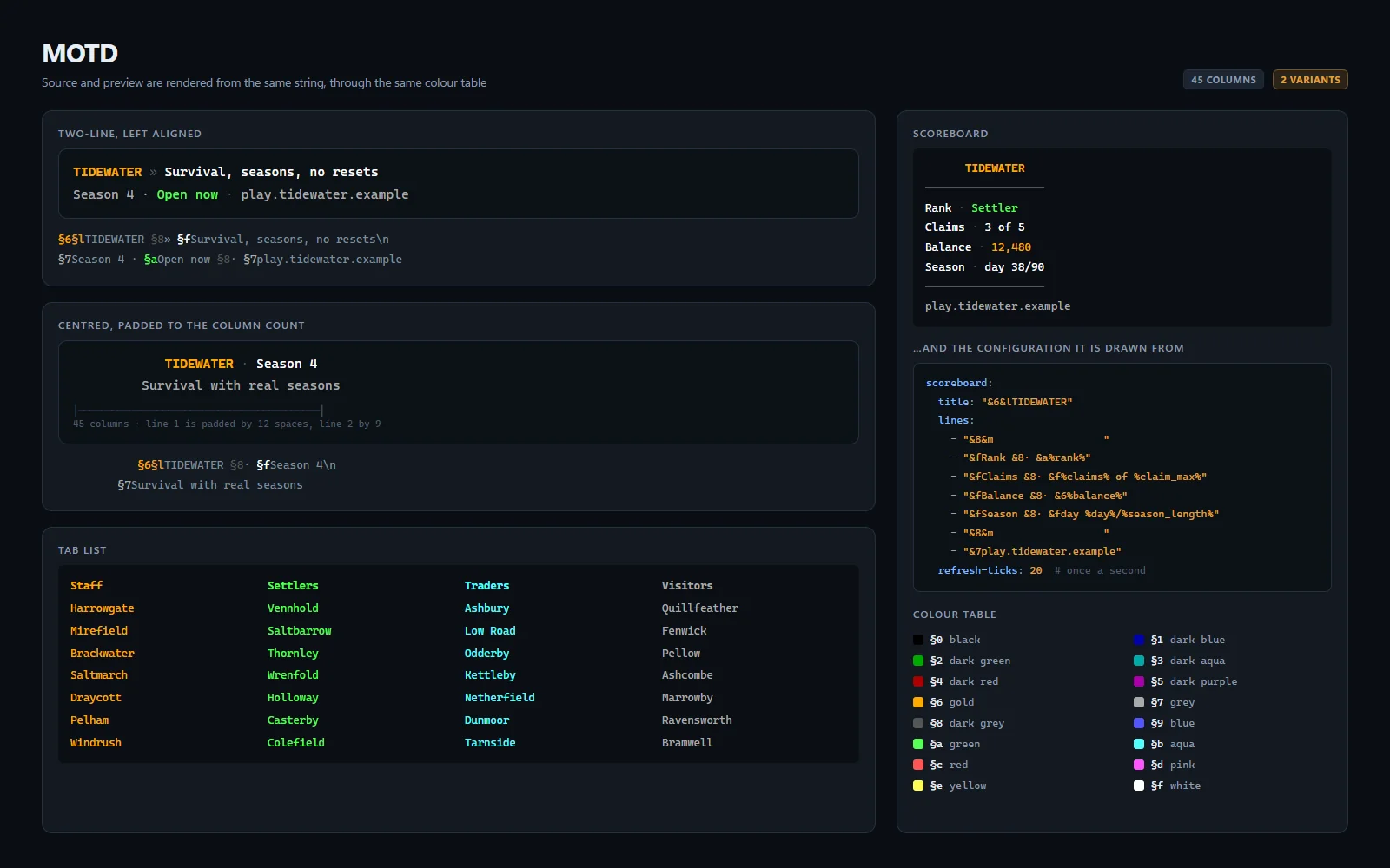 MOTD layout variants with colour codes shown alongside their rendered result