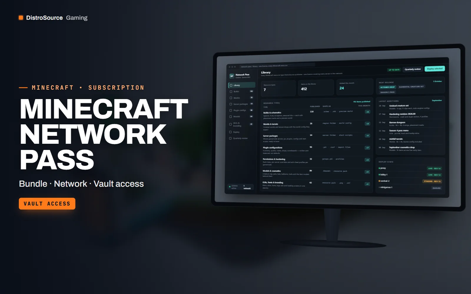 Network pass library listing each resource type with what has been published in it, the latest additions and deploy status