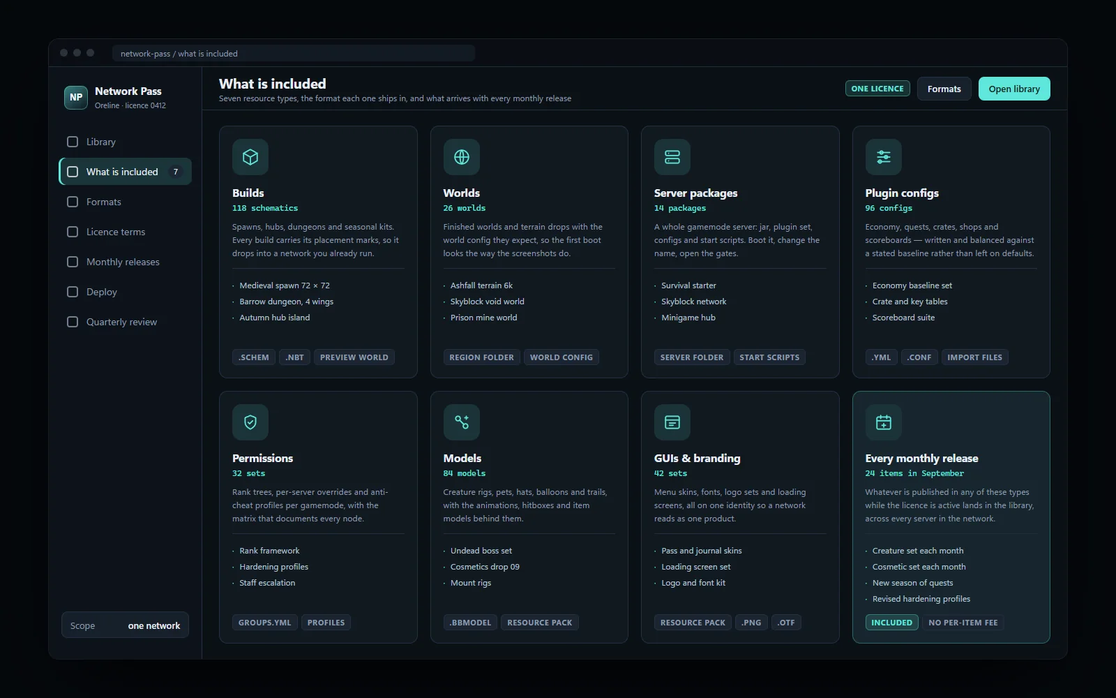 Tiles for builds, worlds, plugins, configs, models, GUIs and branding with the format each one ships in
