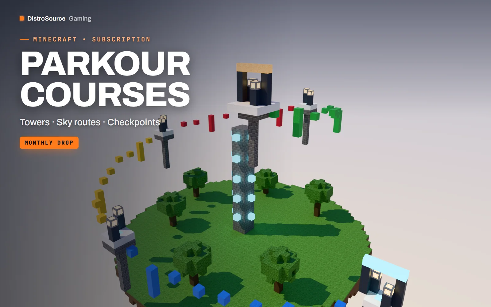 Spiral parkour tower of coloured blocks rising over a floating island