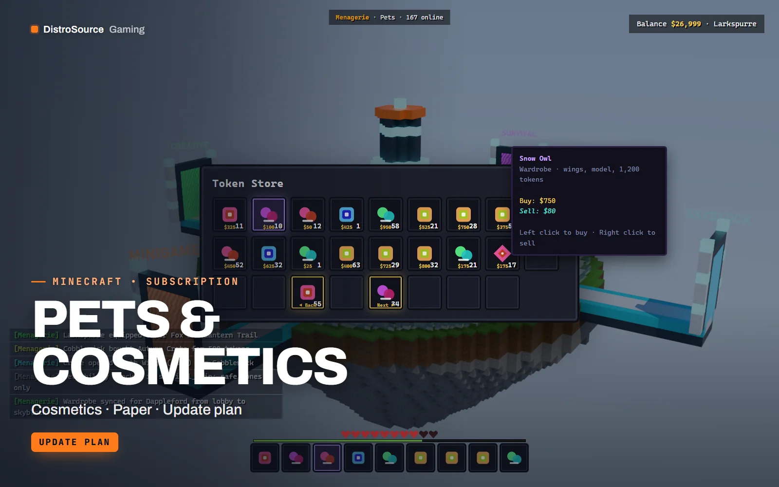 Chest-style token store over a lobby showing pets, hats and trails with token prices, rank badges and a player token balance