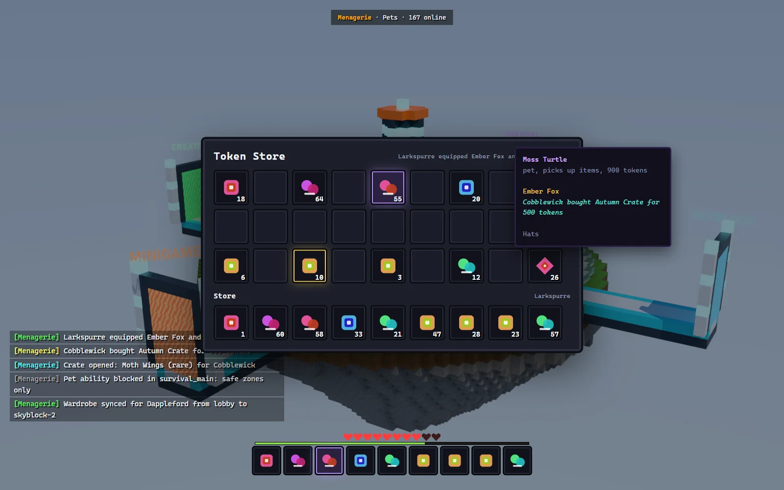 Wardrobe GUI listing owned and locked cosmetics by category with a preview slot and the equipped pet, hat and trail
