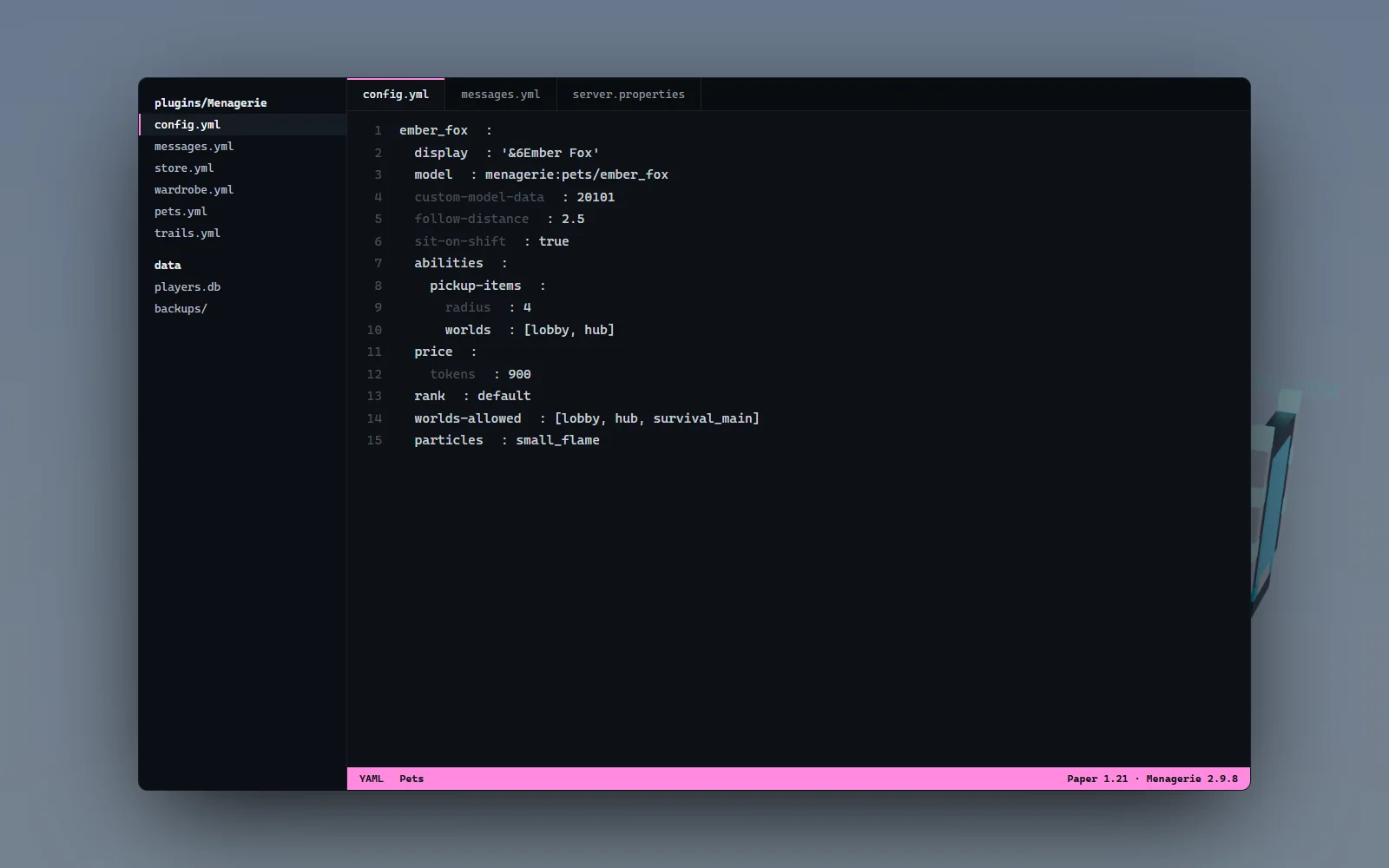 YAML pet definition with model, follow distance, abilities and world rules shown in an editor over the lobby backdrop