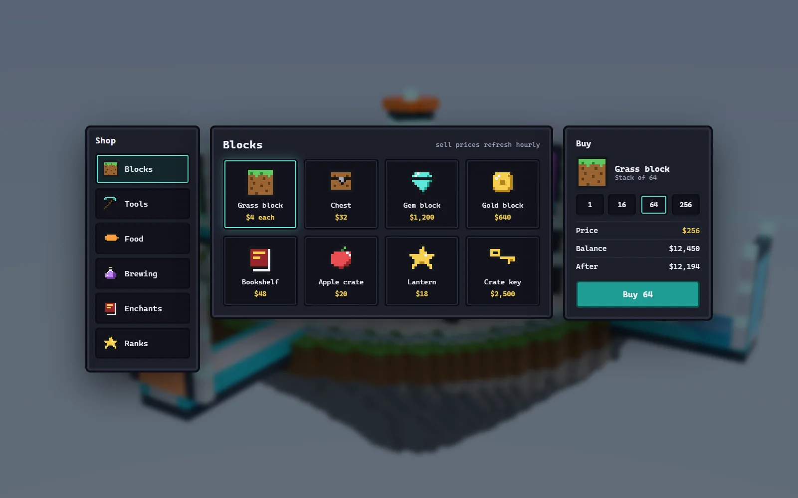 Server shop menu with item categories, prices and a balance