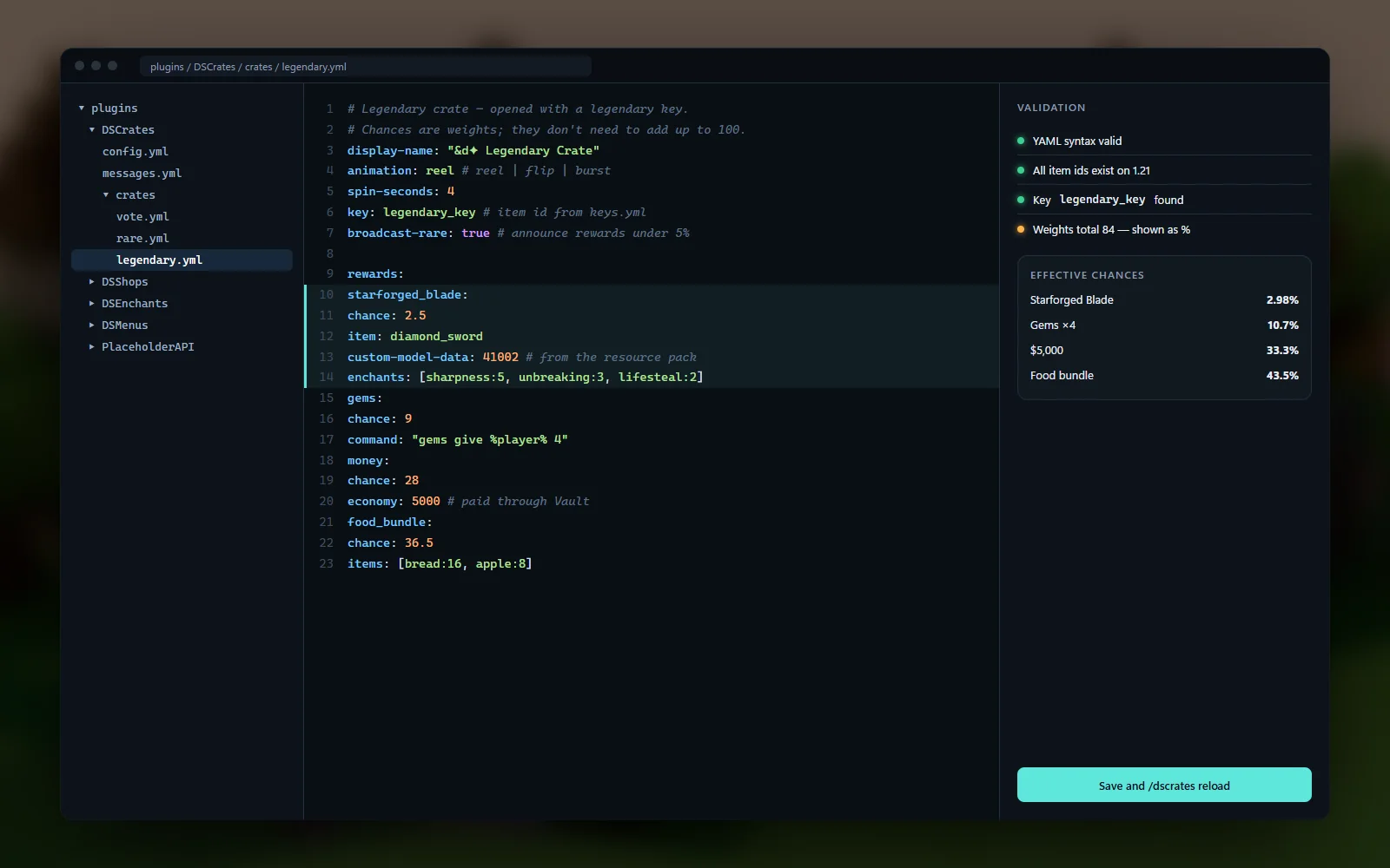 Commented YAML configuration for a crate's reward table
