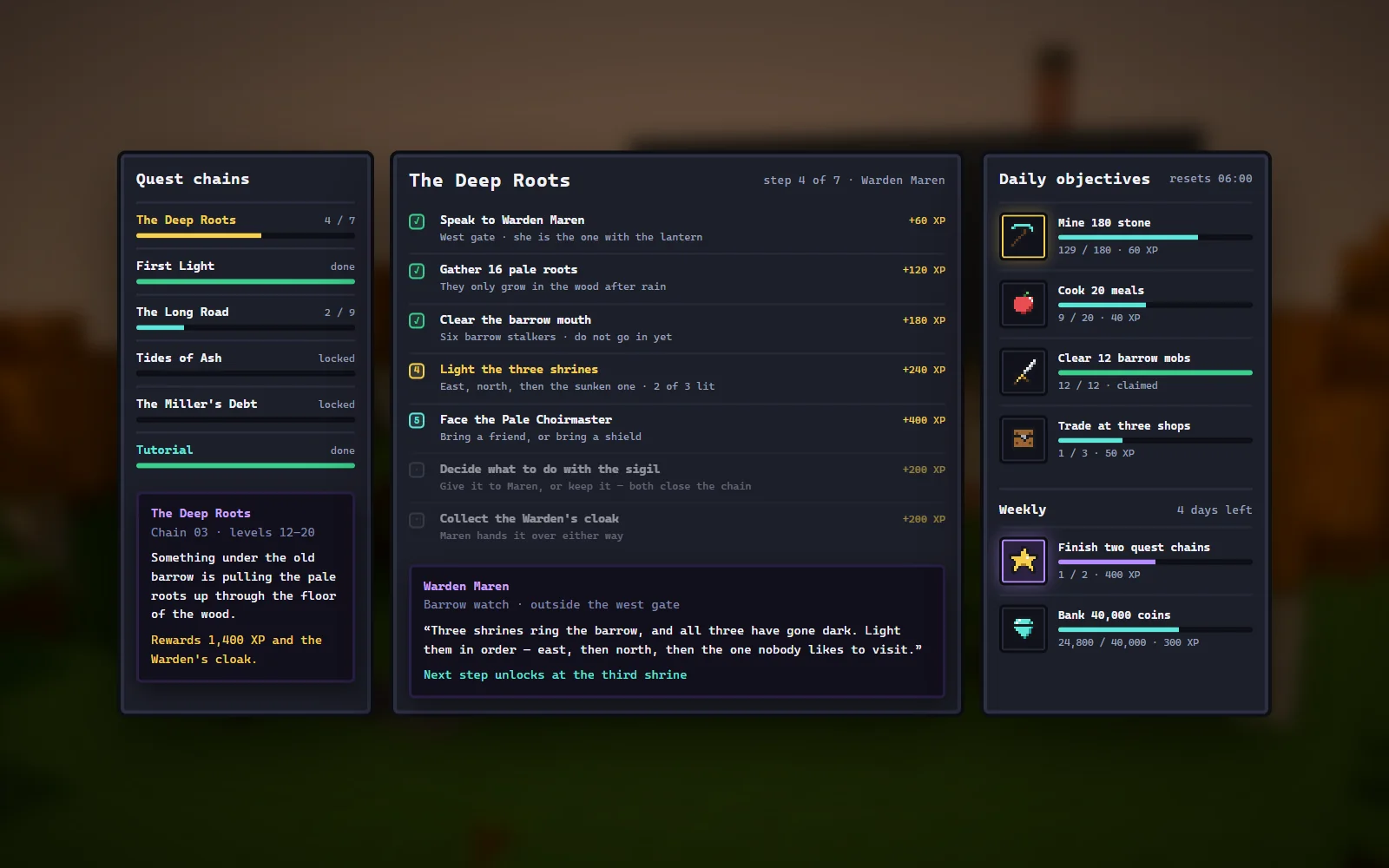 Quest journal with an active chain, its step list, daily objective slots with progress counters and a tooltip