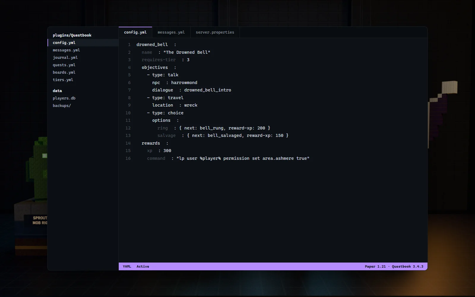 A quests.yml file open in an editor over the arena backdrop, showing a branching quest with objectives, dialogue options and rewards