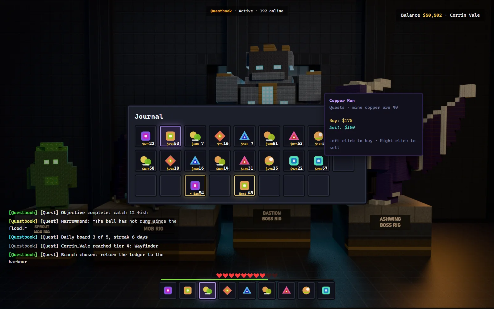 Chest-style tier reward shop showing titles, recipes and area unlocks with the XP cost under each icon and the player's current tier at the top