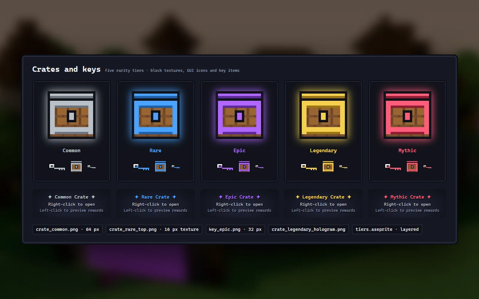 Crate and key artwork in five rarity tiers