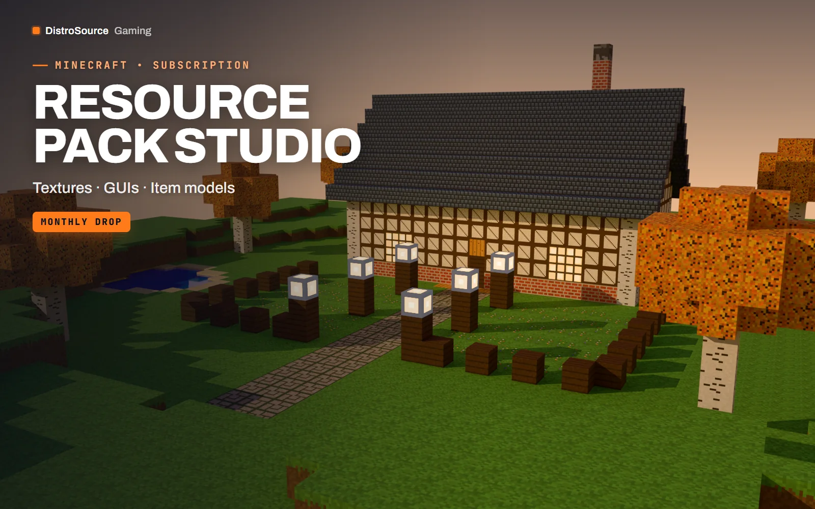 Cottage and garden built with the pack's textured blocks in warm light