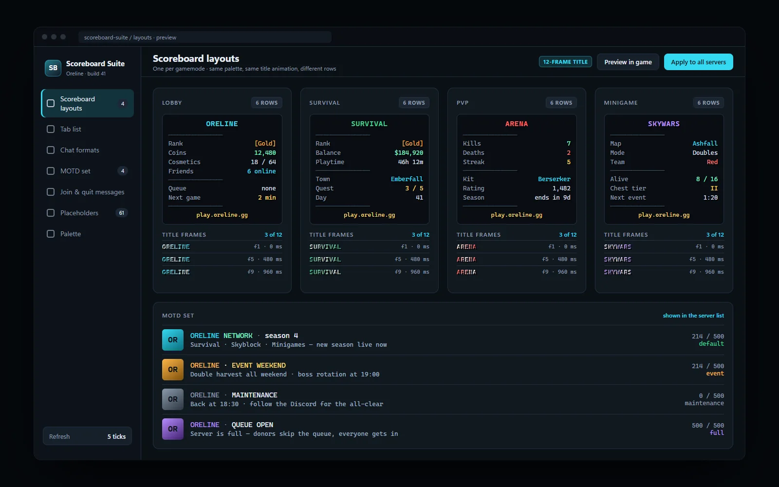 Four scoreboard layouts side by side with their animation frames beneath and the MOTD variants in a server list row