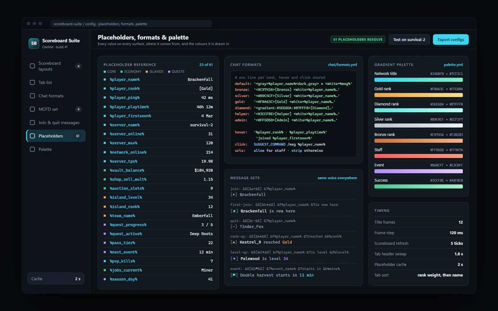 Placeholder reference sheet with the chat format strings and the gradient palette
