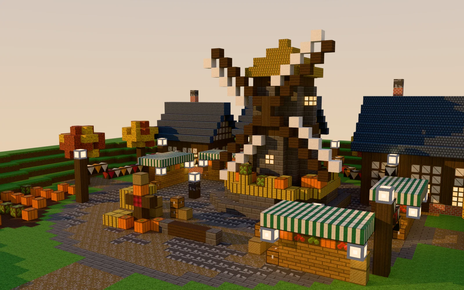 The same plaza in autumn colours with pumpkins, hay stacks and lanterns