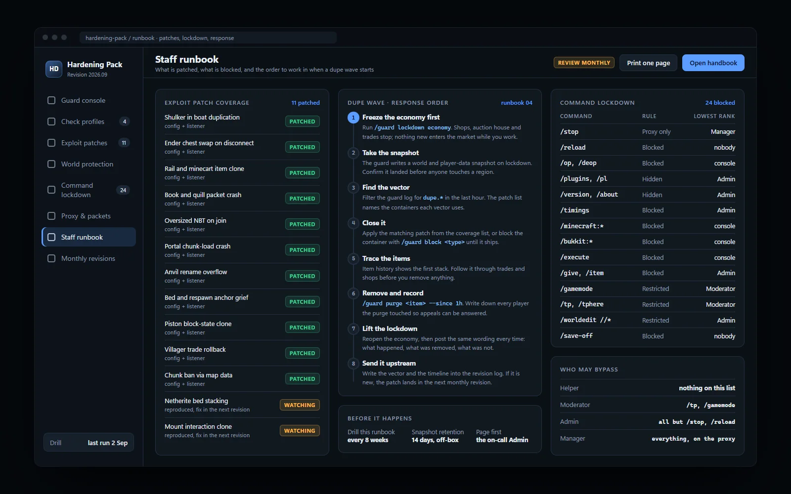 Patch coverage list, blocked command table and the step order for a dupe-wave response