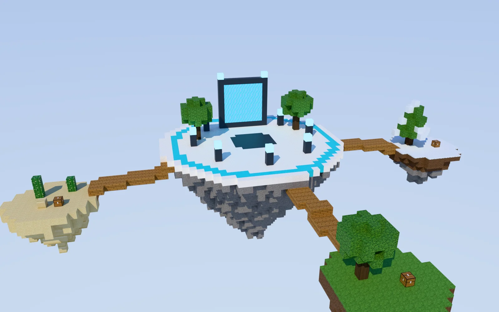 Skyblock spawn island with a portal ring and walkways