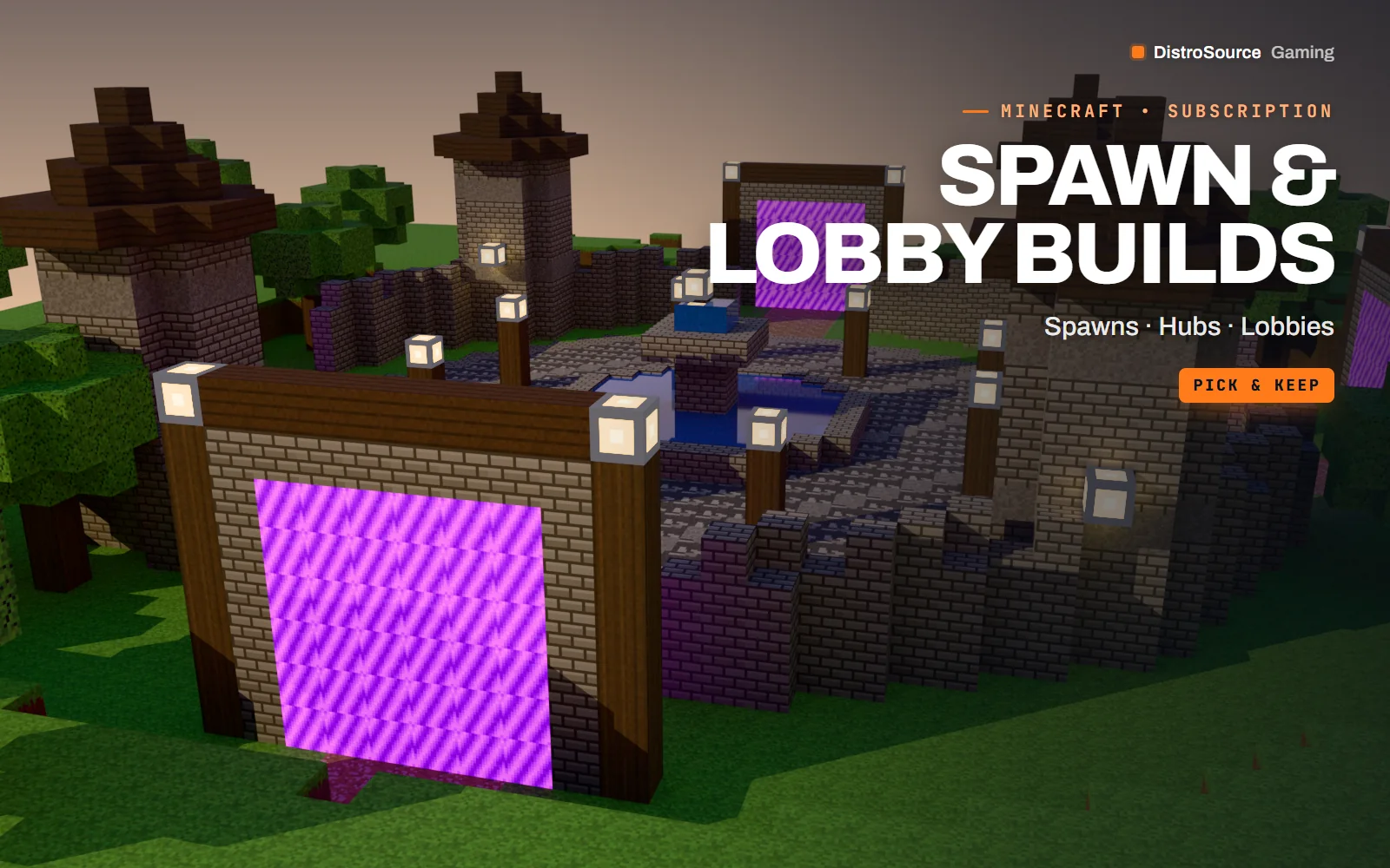 Medieval spawn hub with a central fountain, stone walls and portal arches