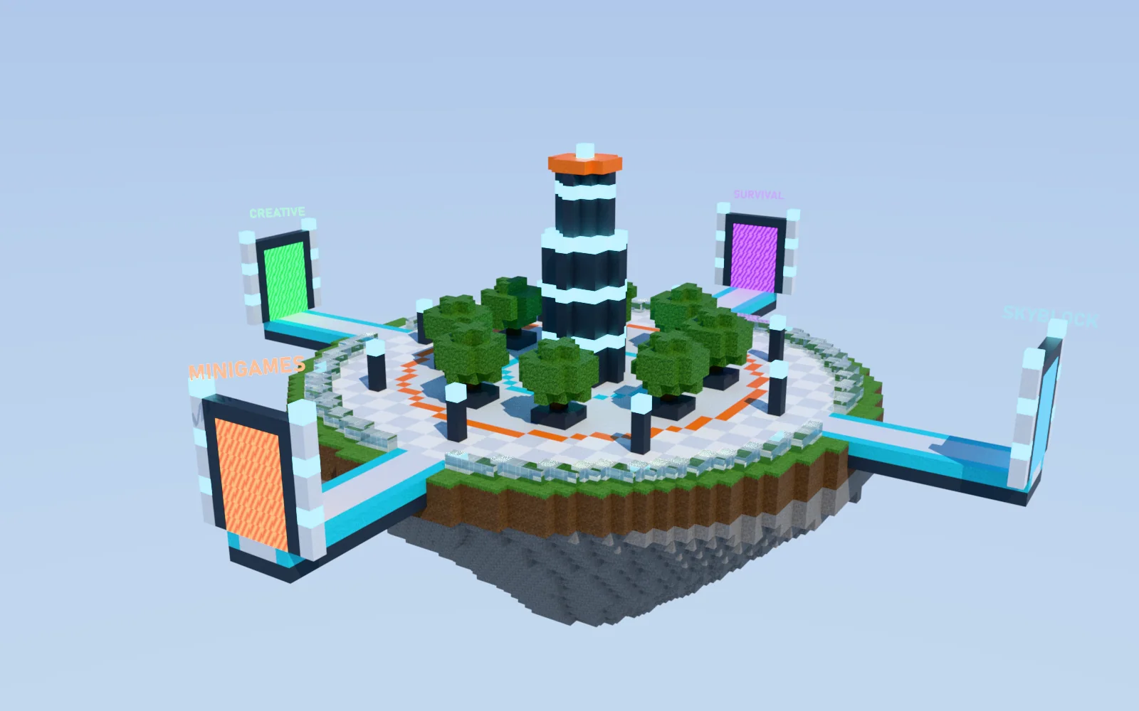 Modern network lobby with glass walkways and gamemode portals