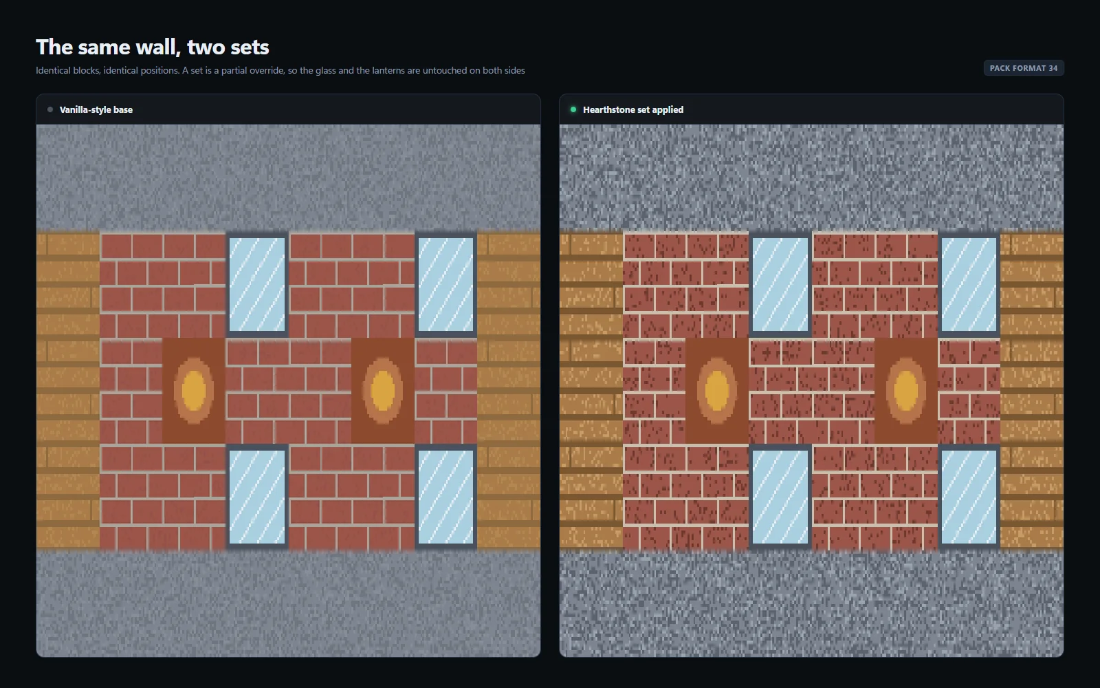 The same build rendered with vanilla textures and with a themed set, side by side