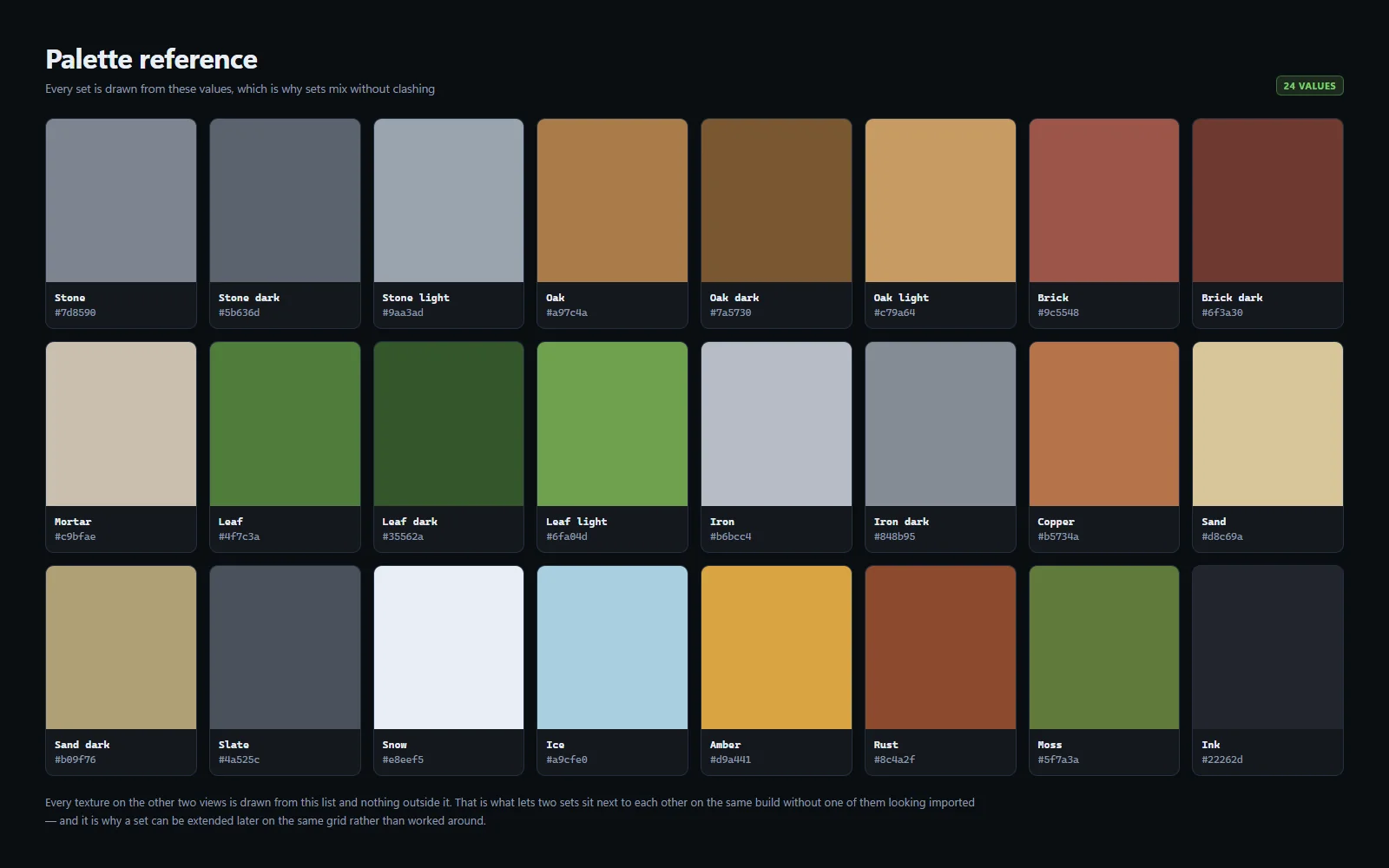 Palette reference sheet listing the hex values every set is drawn from