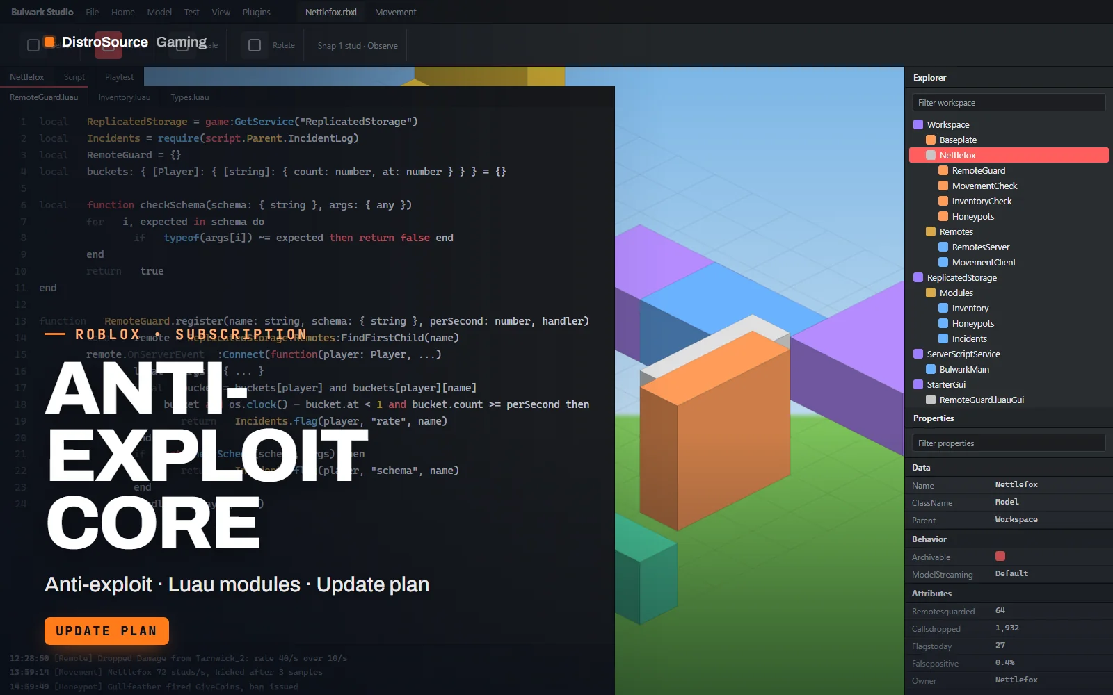 Script editor in Roblox Studio showing the remote registry module with argument schemas and rate limits, output window listing dropped calls