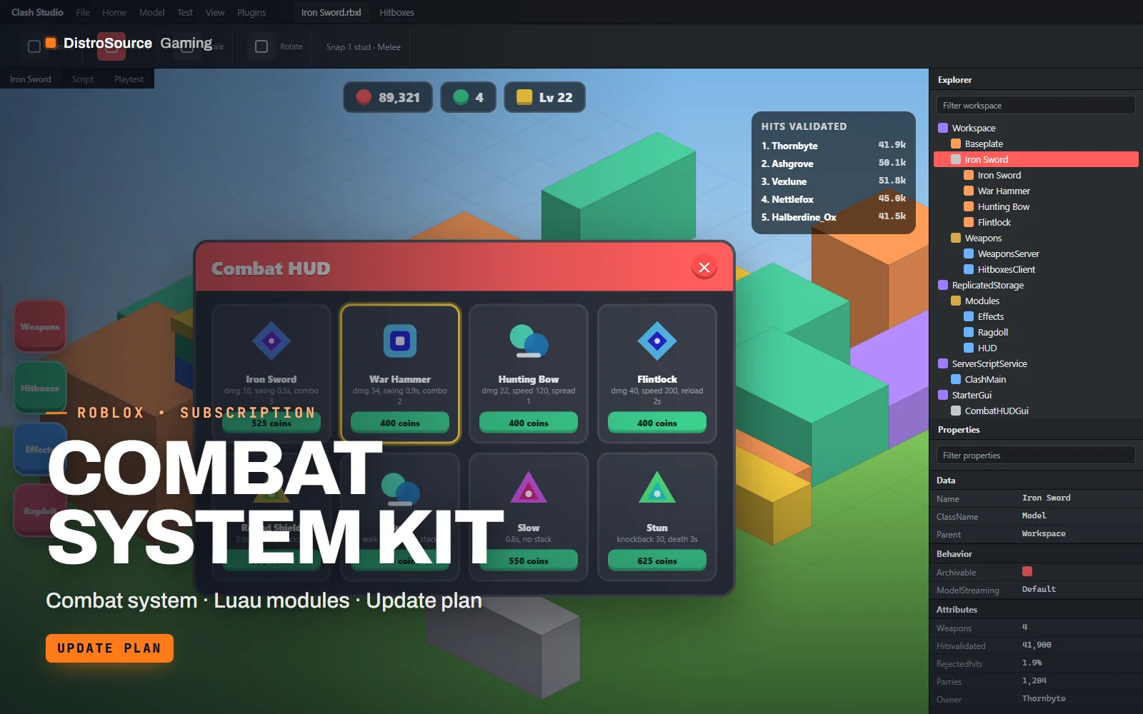 In-experience combat screen with health and stamina bars, floating damage numbers, a hit marker, target lock and touch attack and block buttons over an arena
