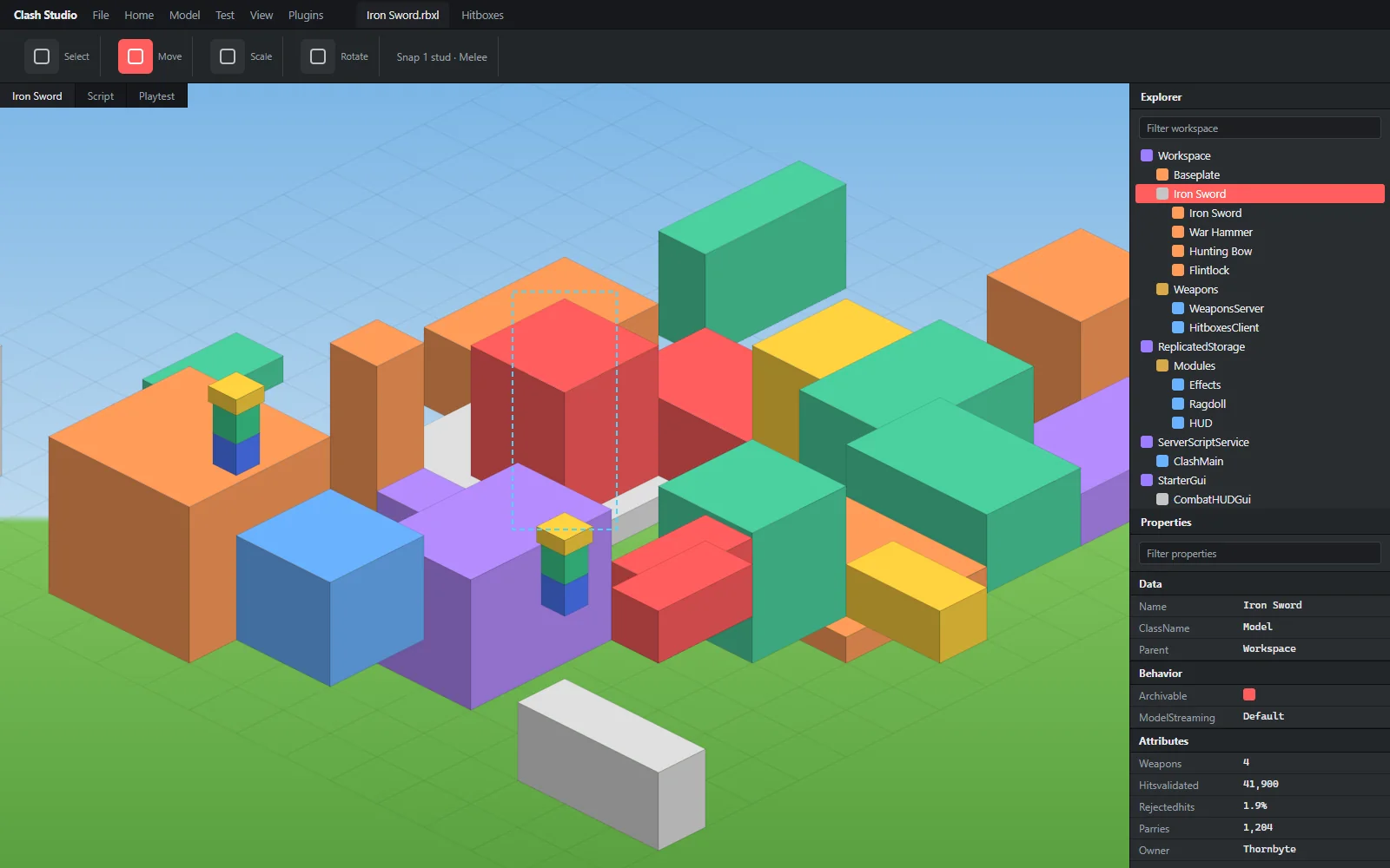 Roblox Studio viewport of the demo arena with two R15 rigs mid-swing, a visualised hitbox sweep and Explorer open on the combat services