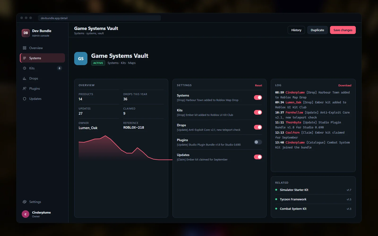 Detail page for one product showing its files, version history, settings for claimed drops and a log of updates published