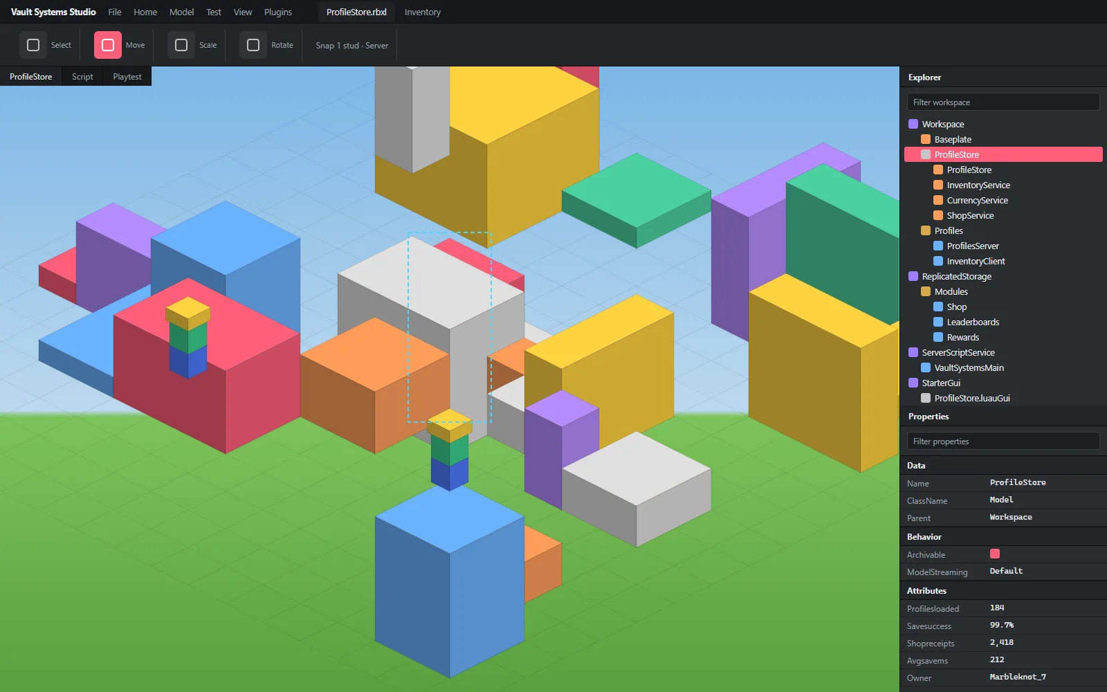 Studio viewport with the demo place scene, Explorer listing the vault modules under ServerScriptService and Properties for the selected shop part