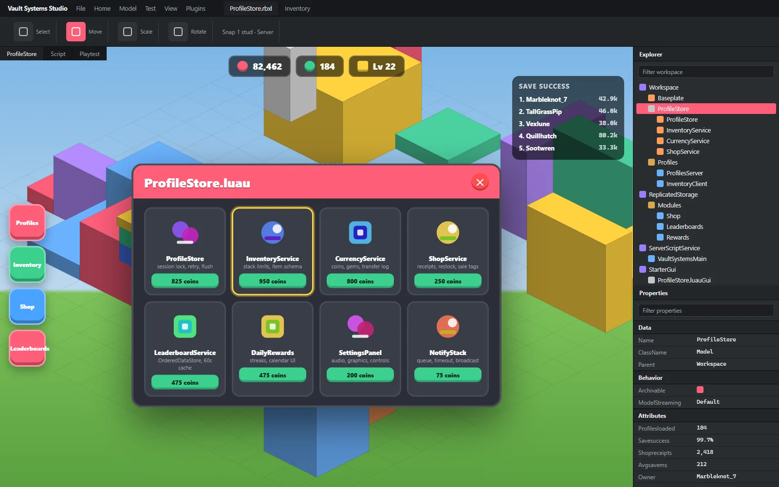In-experience shop screen with currency balance, item cards, a daily reward calendar and a notification stack over the demo scene