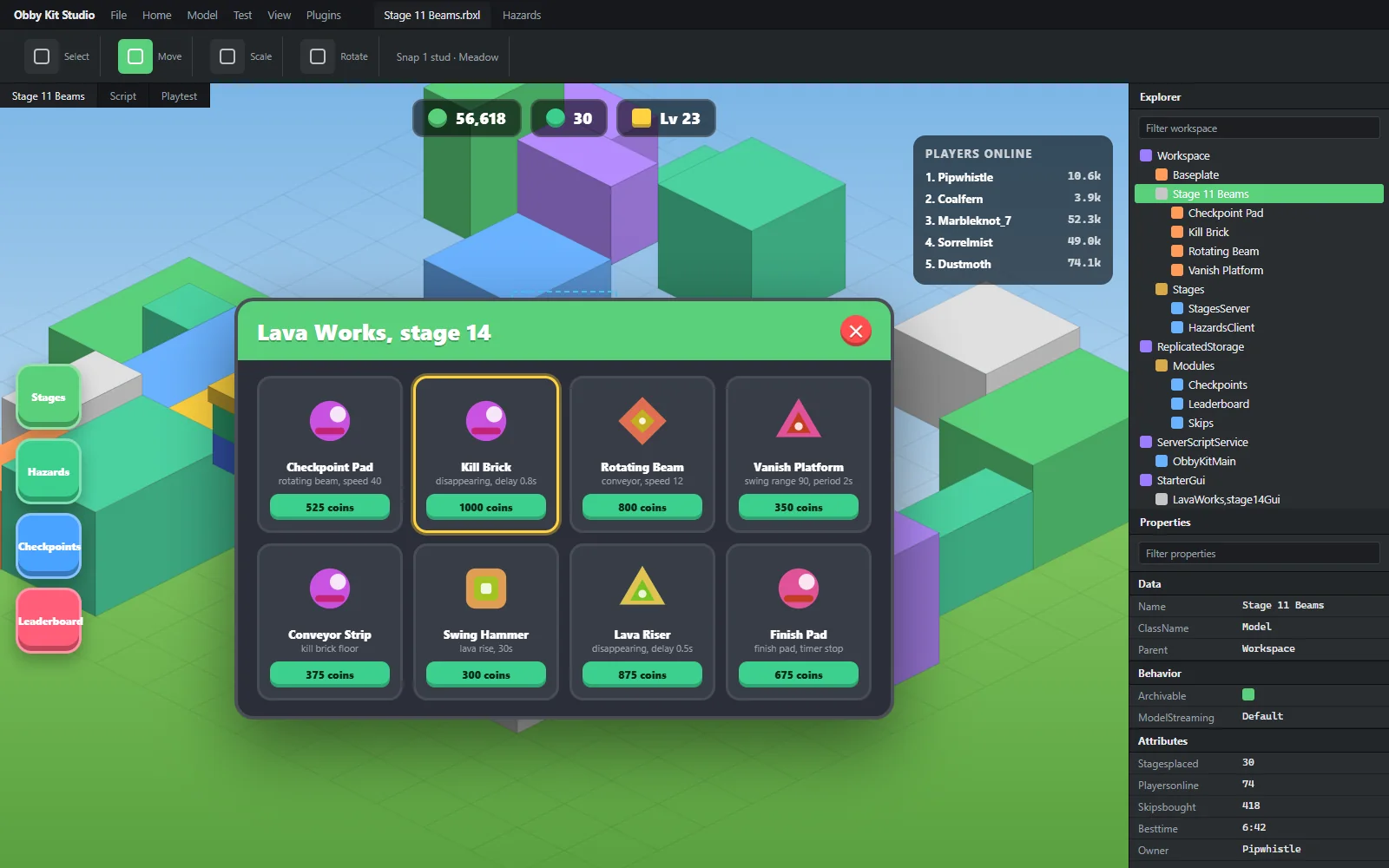 In-experience HUD with the stage counter, run timer, a skip stage prompt and the top ten leaderboard over the obby course