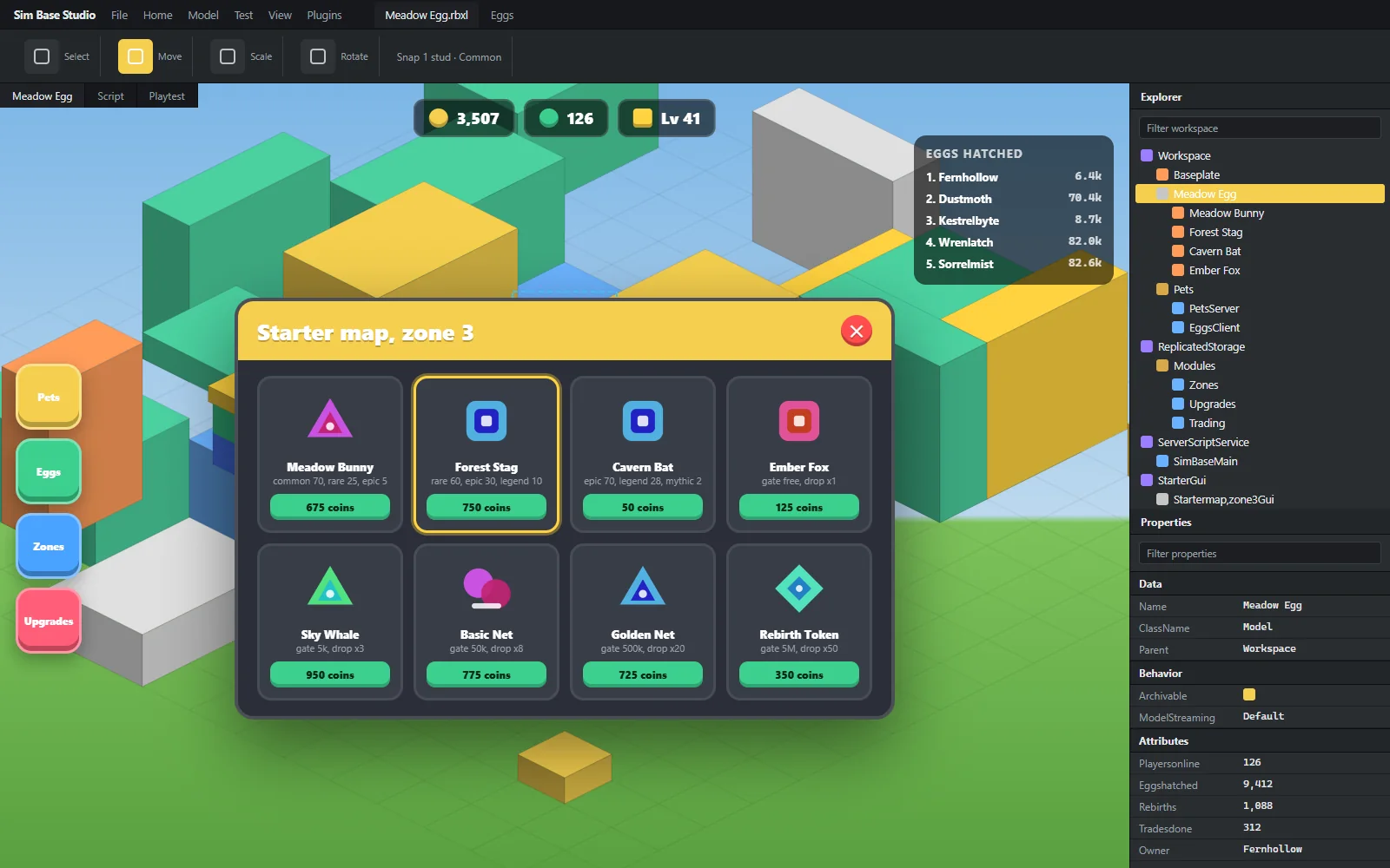 In-experience screen with the pet inventory open, rarity badges, an equipped formation and the coin and rebirth counters over the map