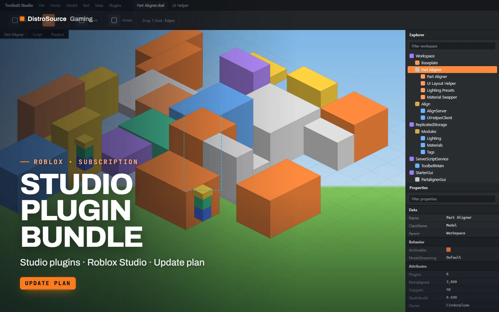 Roblox Studio viewport with the part aligner docked beside it, a selection of parts snapped to a grid, Explorer and Properties around the scene