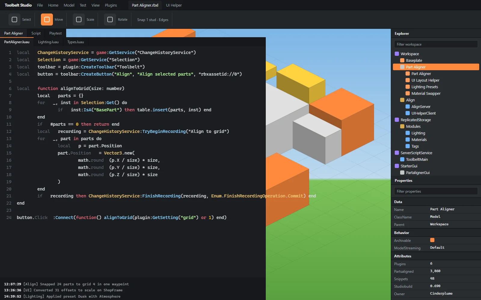 Script editor with the snippets panel docked, a Luau snippet with placeholders being inserted at the cursor in a ModuleScript