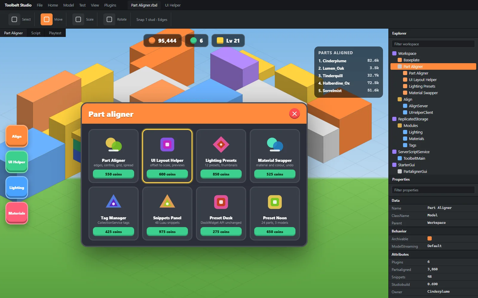 UI layout helper previewing a shop ScreenGui at phone, tablet and console sizes over the scene, with the convert to scale button