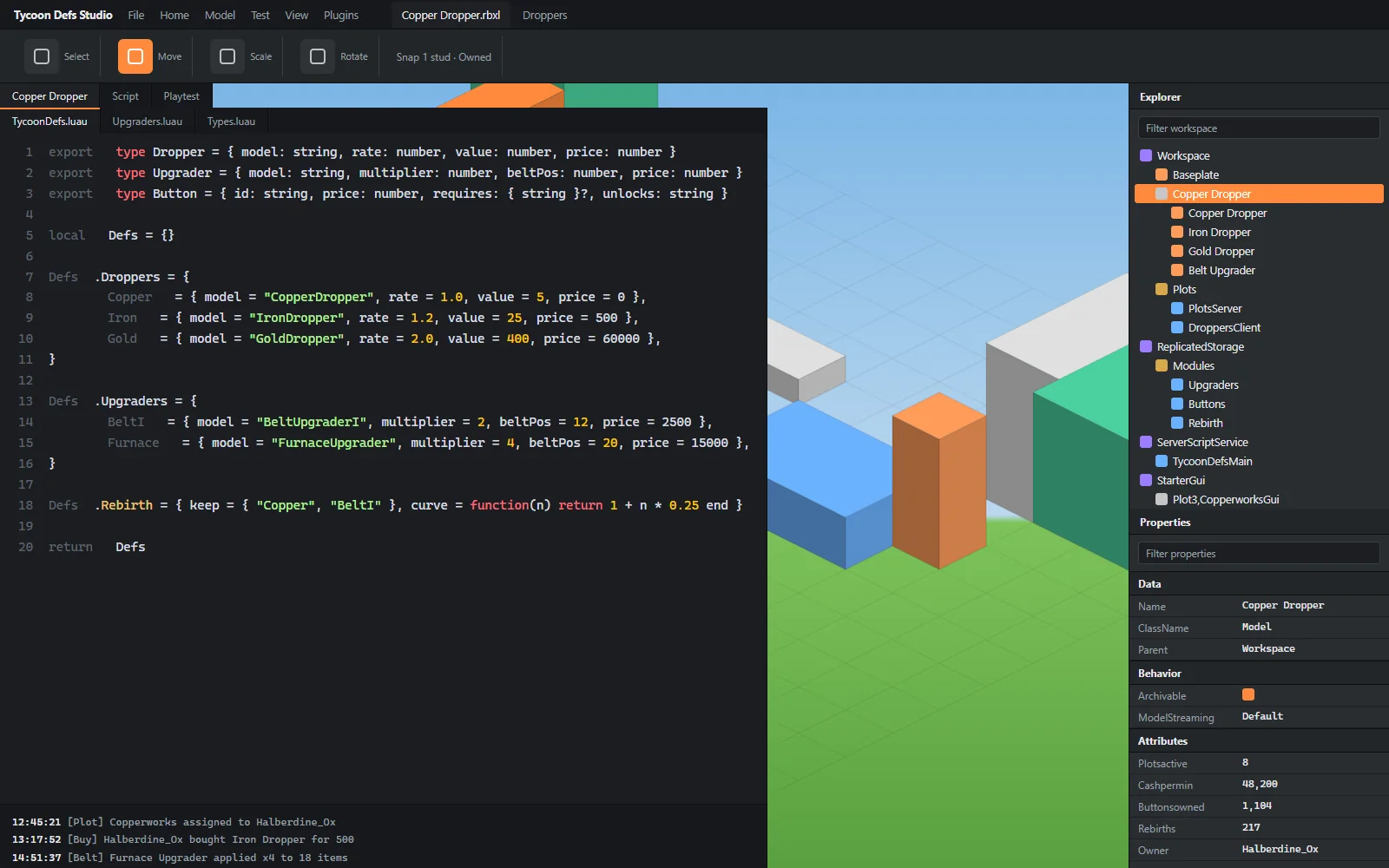 Script editor with the TycoonDefs module listing dropper rows with rate, value and model, and the purchase service open in a second tab