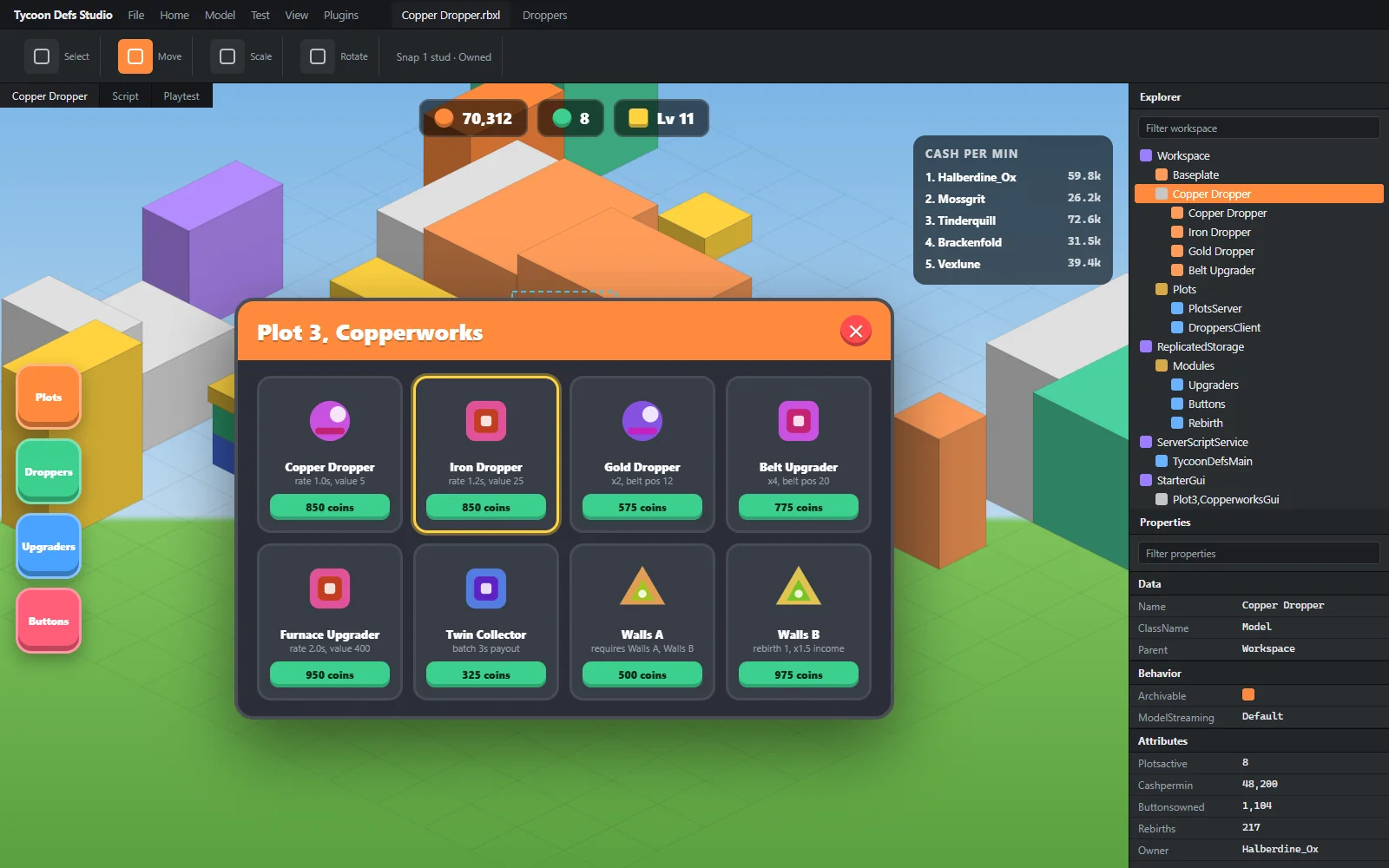 In-experience plot HUD with cash, income per second, next unlock cost and a rebirth progress bar over the tycoon scene