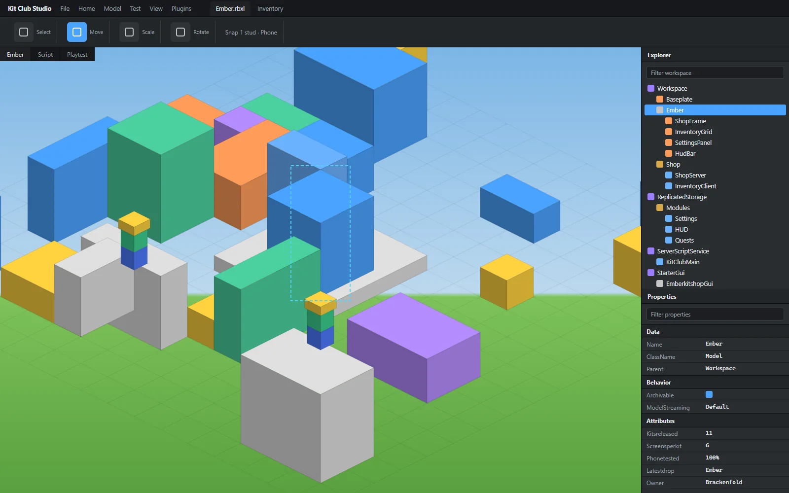 Roblox Studio viewport with the Explorer expanded on the kit ScreenGuis under StarterGui and Properties showing the theme colour values