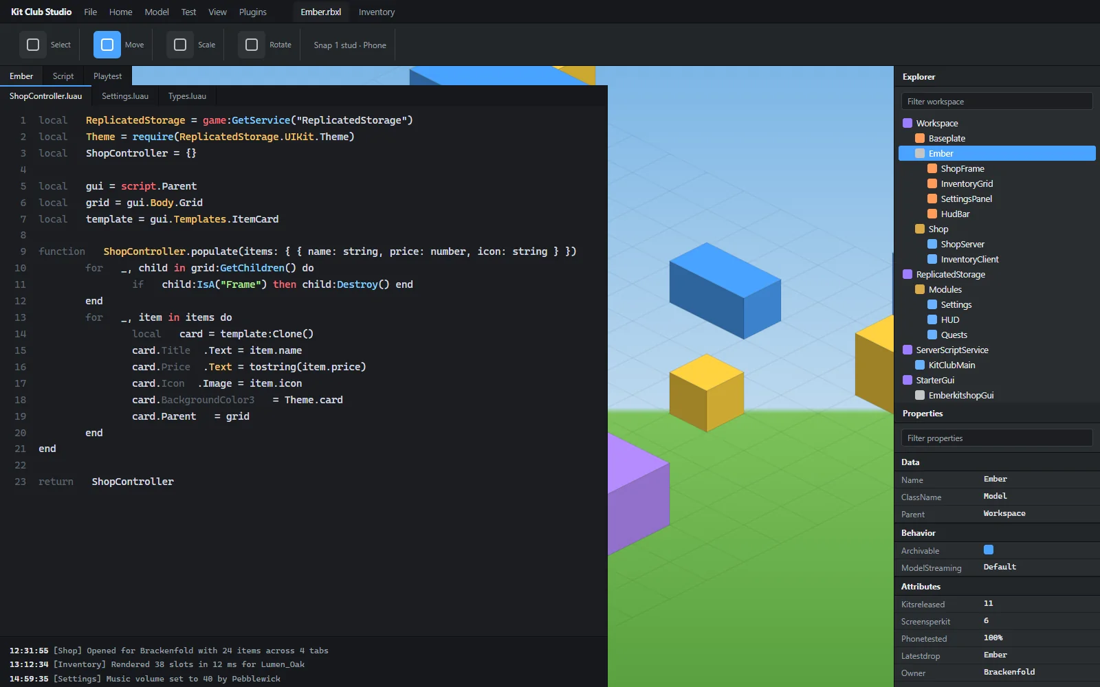 Script editor showing the shop controller ModuleScript that fills item cards from a table, with the theme module open beside it