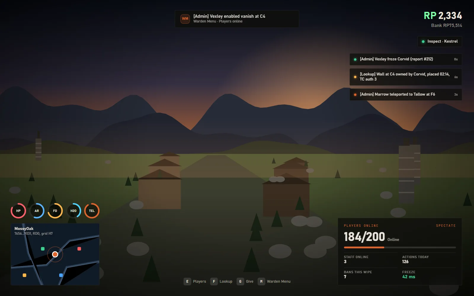 HUD view with vanish and god status indicators in the corner, an ownership lookup card over a looked-at wall showing owner, placed time and cupboard authorisations