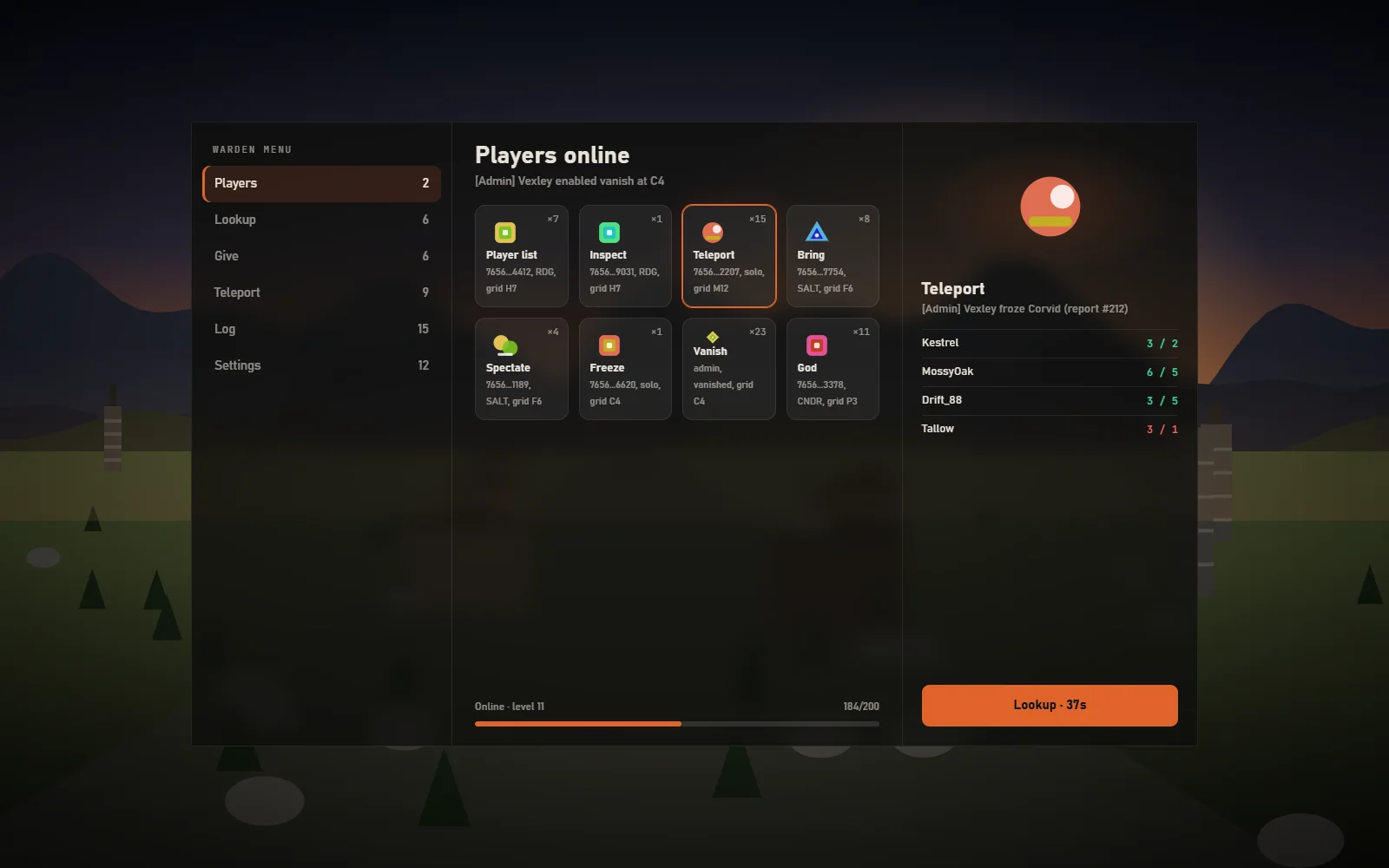 Action log panel in-game listing recent admin actions with admin, target, action and position, and a Discord webhook toggle in the header