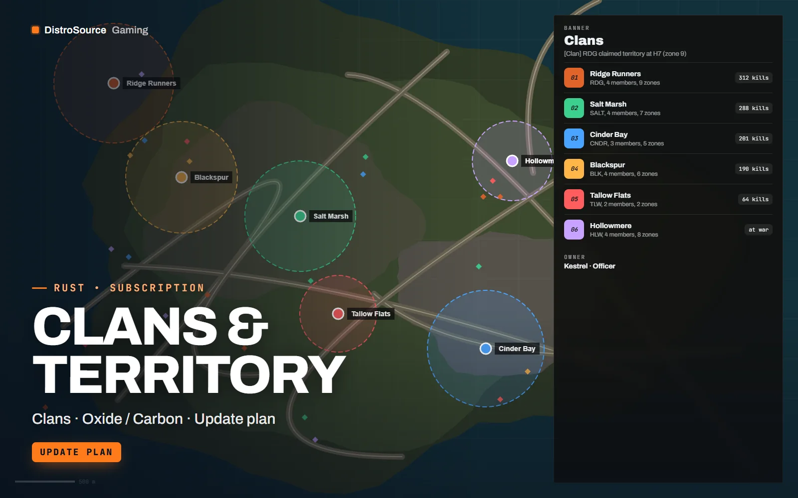 Clan territory list beside a top-down Rust map, each row showing clan tag, members, zones held and kills, with the selected clan's zones highlighted on the island