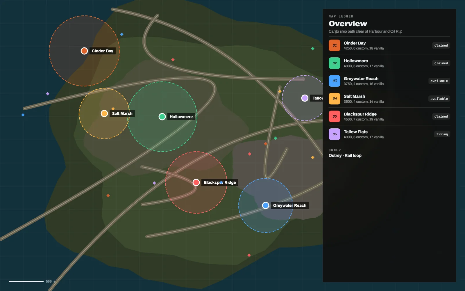 Monument list beside the map with grid references, tiers and custom or vanilla tags, one monument selected and outlined on the island