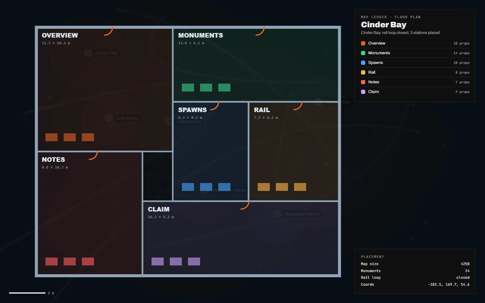 Floor plan of a custom coastal outpost from the map showing loot rooms, the puzzle route, NPC spawns and the recycler position