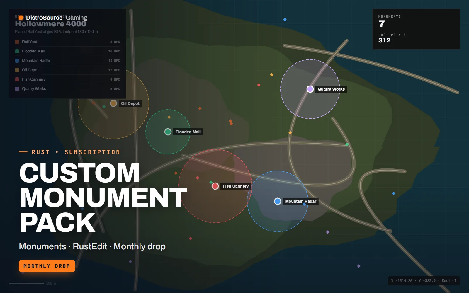 Top-down map of a custom Rust island with the pack's monuments marked as orange markers, roads and rail drawn in, and a legend of monument tiers