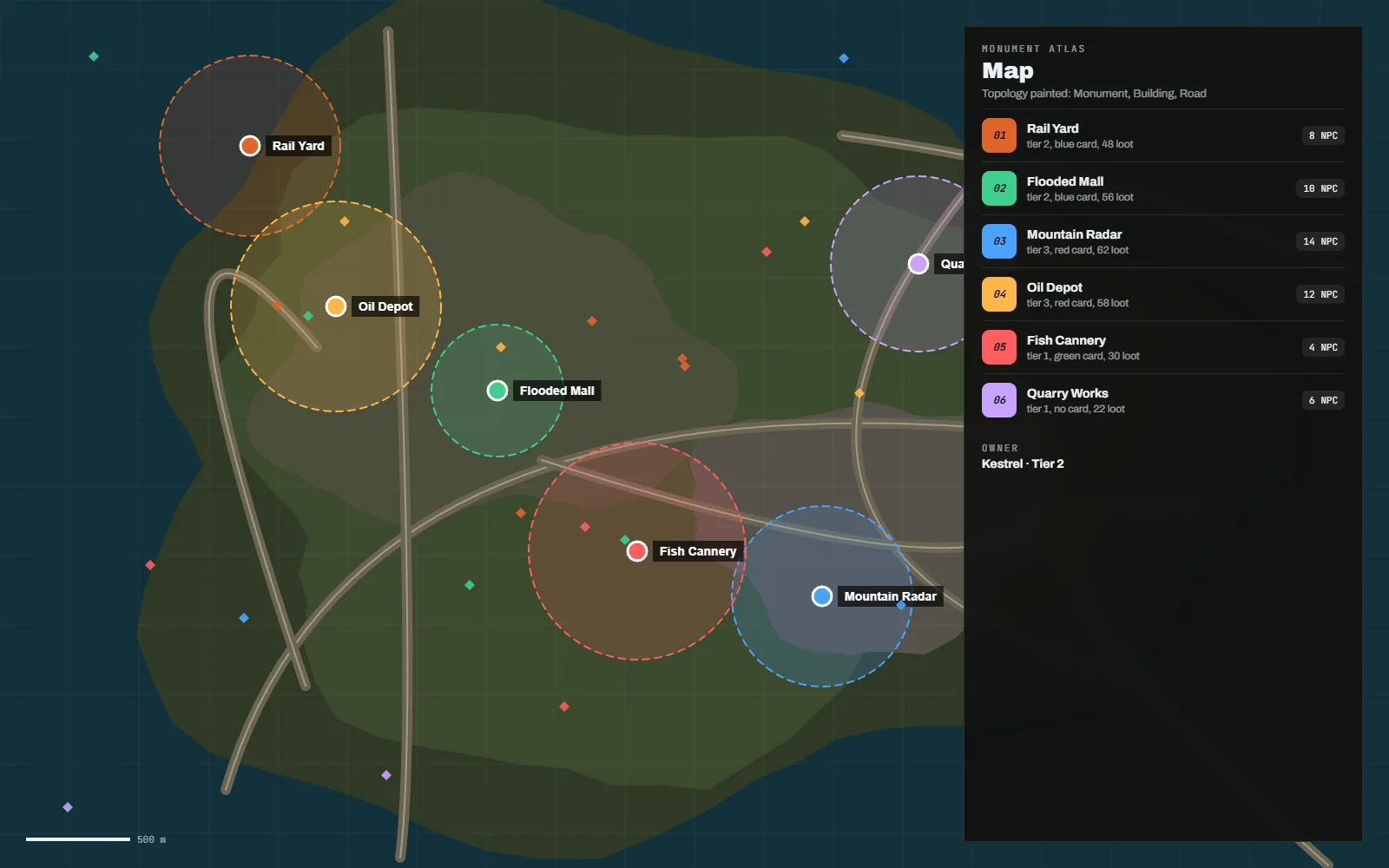 Zone list beside the map showing each monument with its tier, loot count, NPC count and footprint size, one row selected and highlighted on the map