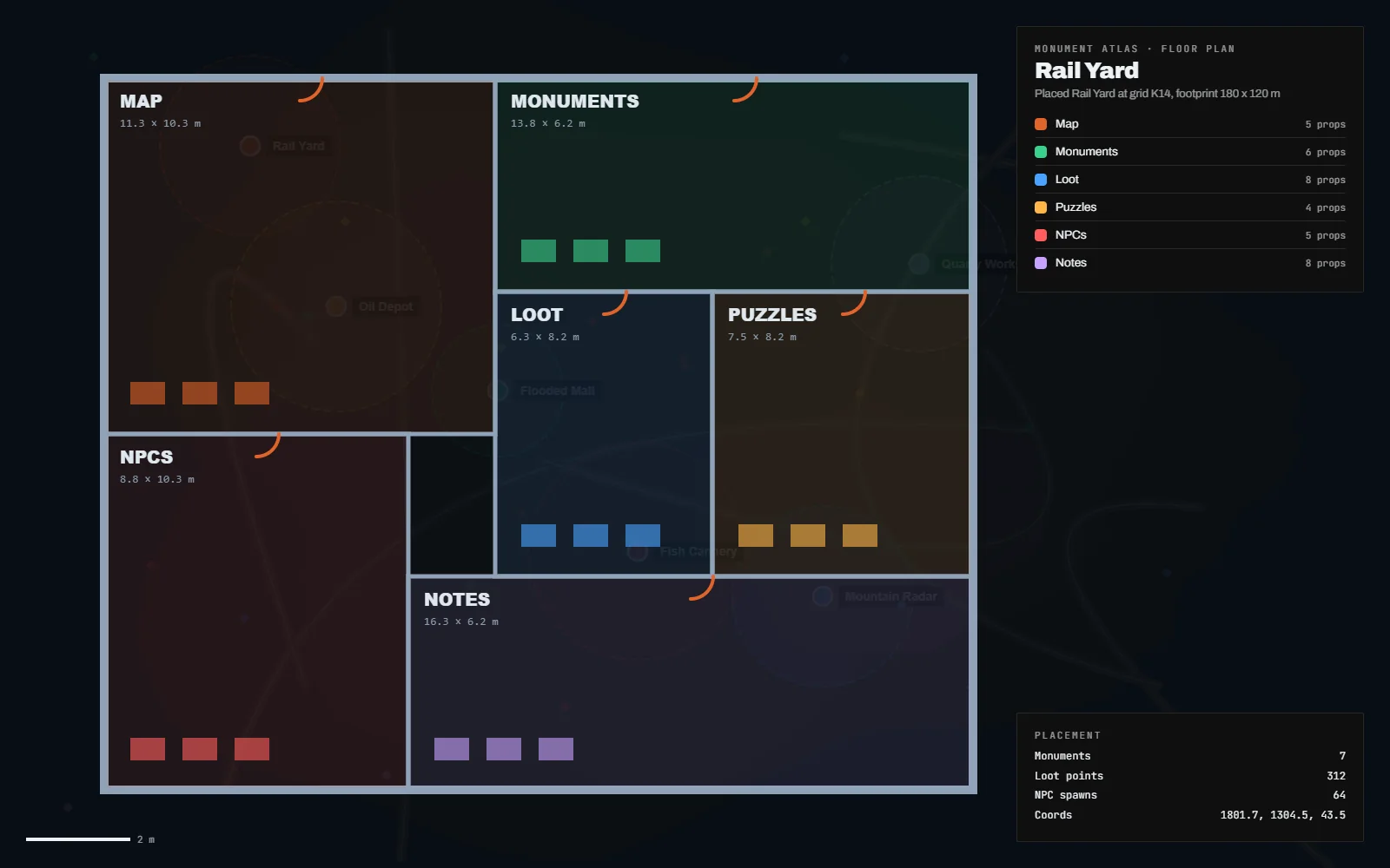 Floor plan of the flooded mall monument with loot points, the card puzzle route, NPC spawns and the radiation zone shaded