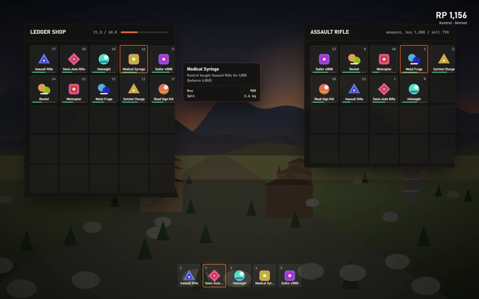 Player market grid of escrow listings showing item, seller tag, price and time left, with a filter row and the balance display
